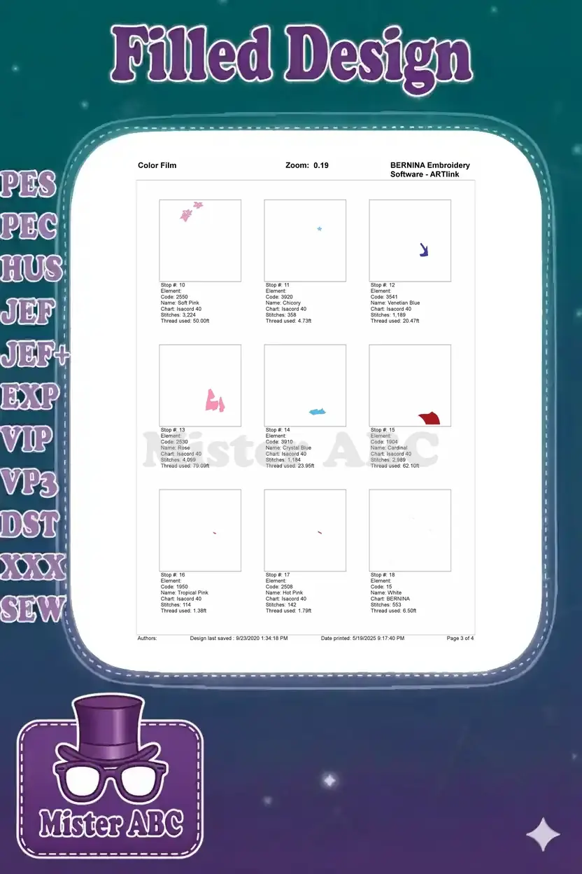 Embroidery color film, page two, depicting color stops 10-18 for the Mulan and Fa Zhou design.