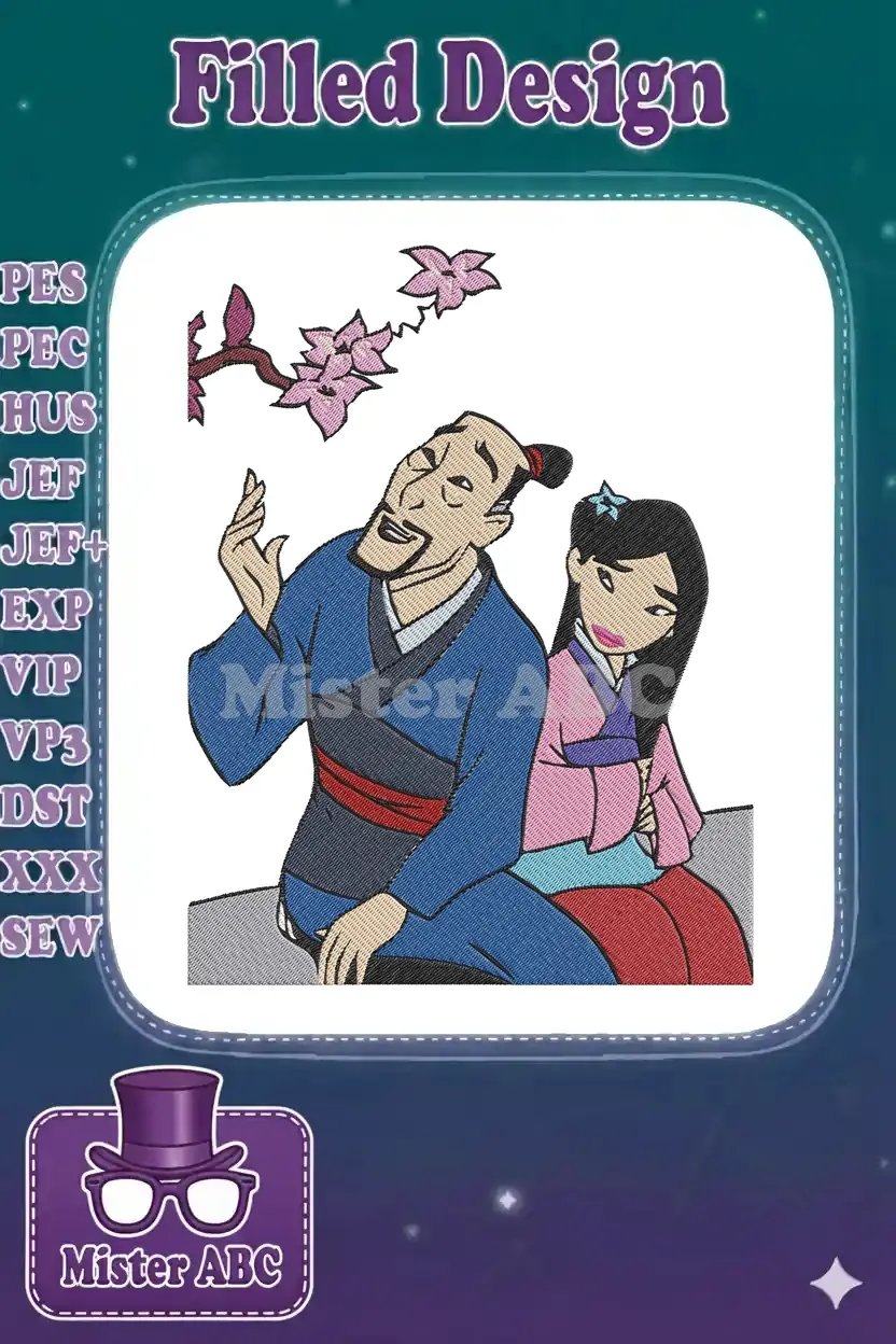 Mulan and her father, Fa Zhou, in a touching embroidery scene with cherry blossoms, showcasing detailed stitching.