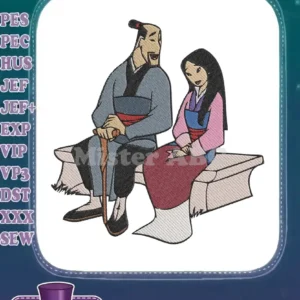 Mulan and her father, Fa Zhou, sitting on a bench, a heartwarming embroidery design capturing a tender moment.