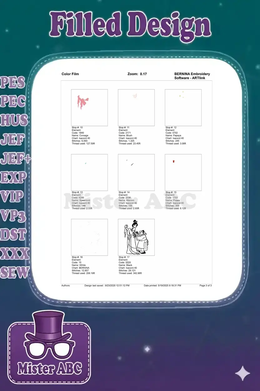 Second page of the embroidery color film, showing individual stitch elements and thread details for remaining colors.