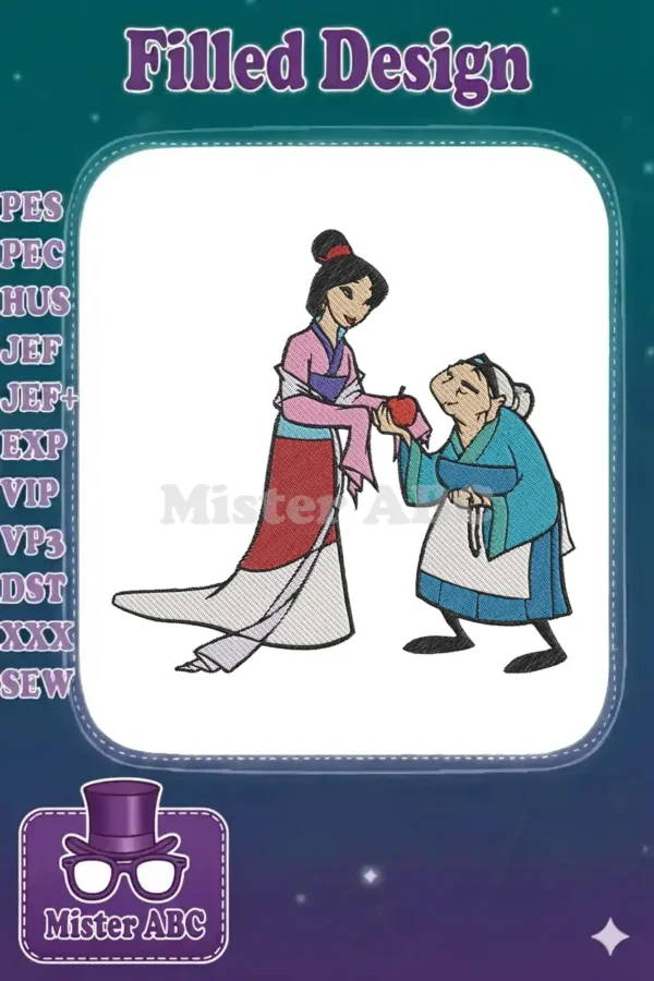 Embroidered Mulan offering a red apple to the kneeling Matchmaker, showcasing vibrant colors and detailed stitching.