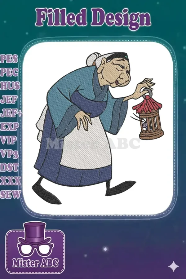 Embroidered design of Grandmother Fa from Mulan, holding a red-roofed cricket cage, in her teal and blue attire.