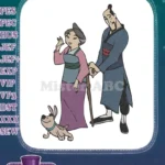 Smiling Elderly Asian Couple and Dog Pet Embroidery Designs - Instant Download