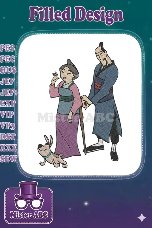 Detailed embroidery design of Fa Zhou, Fa Li, and Little Brother from Mulan, showcasing vibrant colors.