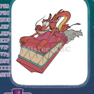 Mushu, the dragon from Mulan, embroiders on a red rocket, expressing frantic surprise with a detailed stitch.