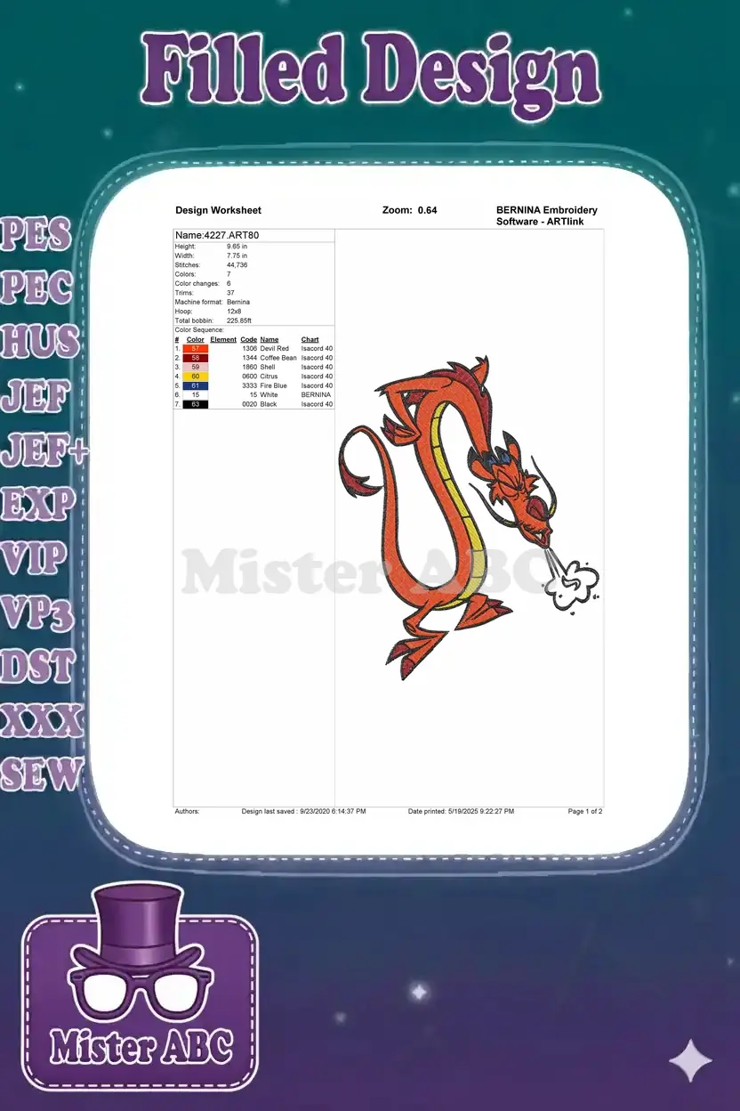 Mushu embroidery design worksheet, detailing dimensions, stitch count, color sequence, and machine specifications.
