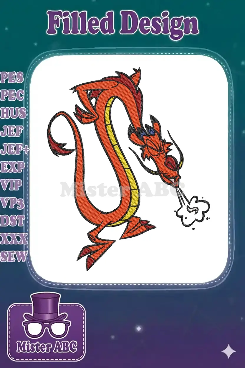 Dynamic Mushu embroidery design, featuring the beloved red dragon from Disney's Mulan breathing fiery smoke.