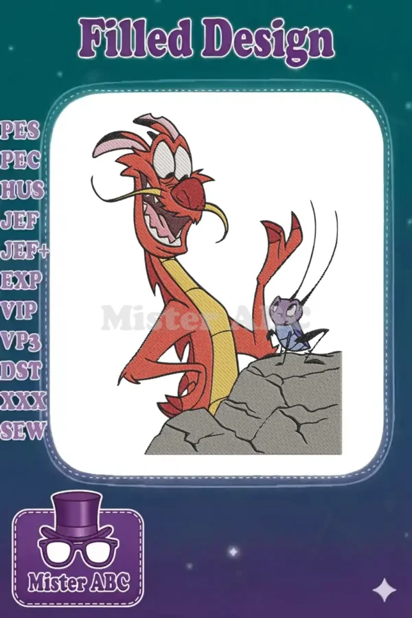 Vibrant embroidery design of Mushu the dragon and Cri-Kee the cricket from Disney's Mulan, full of joy and character.