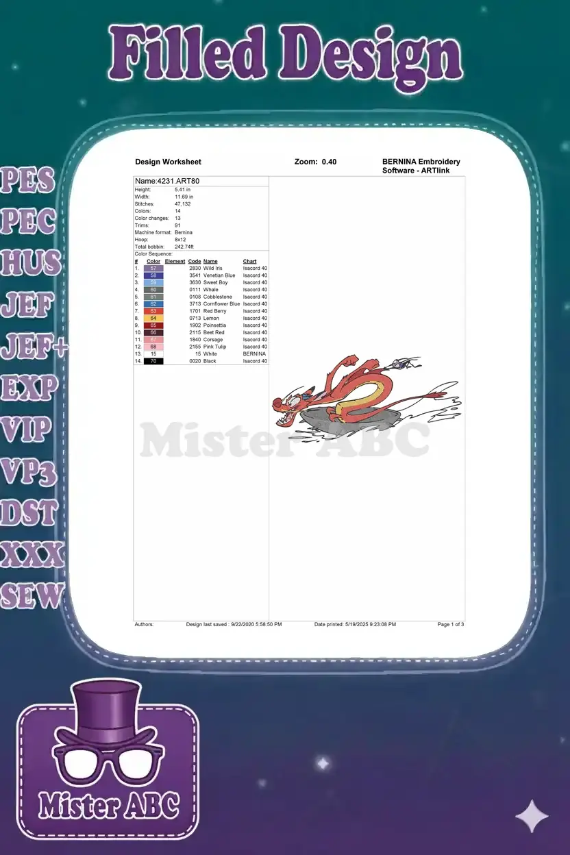Detailed embroidery design worksheet for Mushu, showing dimensions, stitch count, and complete color chart.