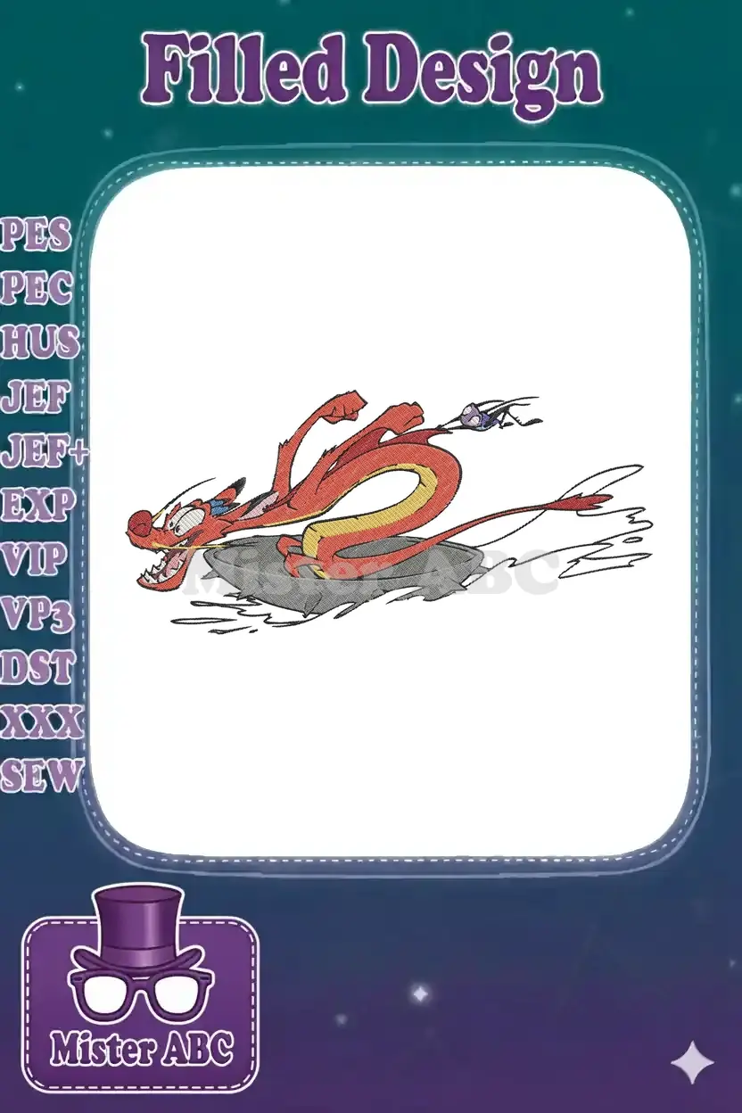 Vibrant embroidery of Mushu the dragon from Disney's Mulan, in a dynamic, action-packed pose with Cri-Kee.