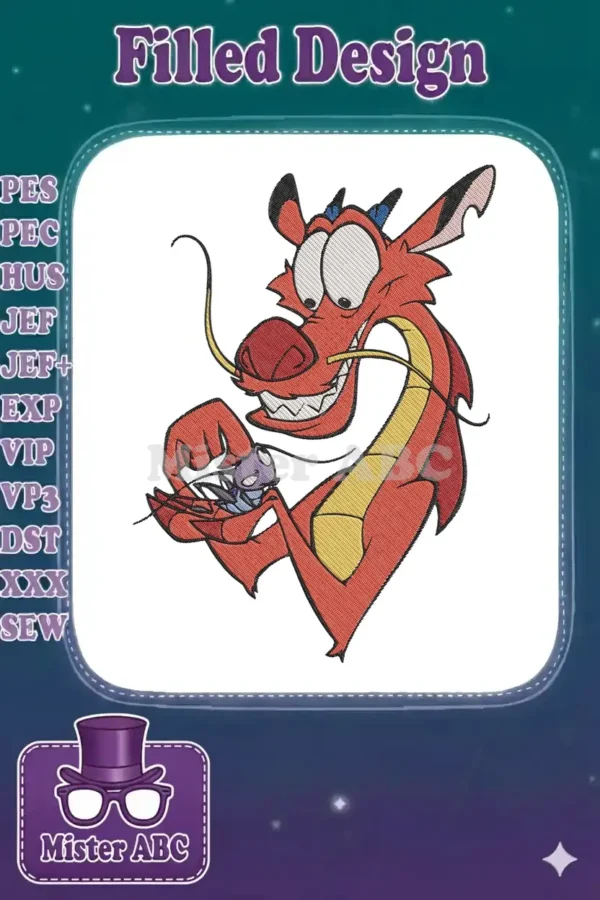A vibrant embroidery design featuring Mushu, the red dragon from Mulan, playfully holding a tiny Cri-Kee.