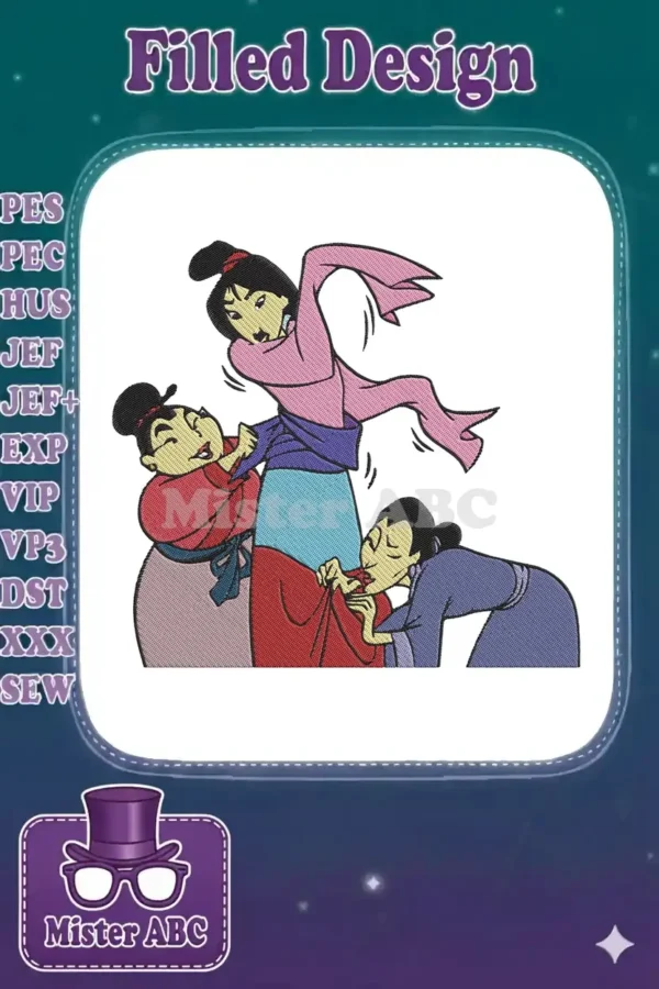 Mulan's 'Honor to Us All' scene embroidery design, featuring Mulan, Fa Li, and a helper in vibrant fill stitches.