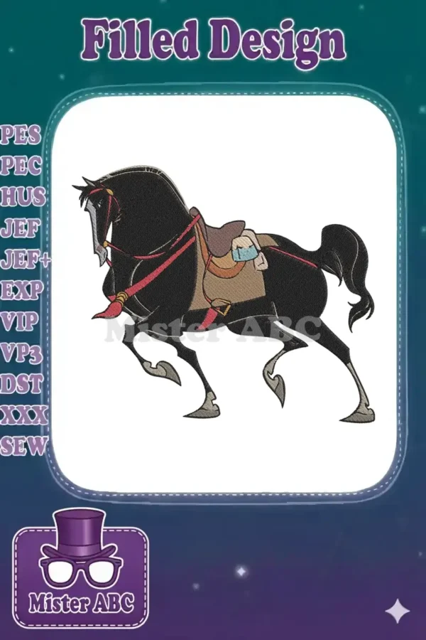 Detailed embroidery design of a majestic black horse, resembling Khan from Mulan, with a saddle and reins.