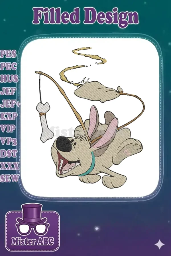 Dug from Disney's Up, a golden retriever, joyfully chasing a bone on a stick, in a vibrant embroidery design.