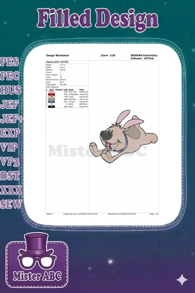 Embroidery design worksheet detailing stitch count, dimensions, color sequence, and machine compatibility for the dog design.