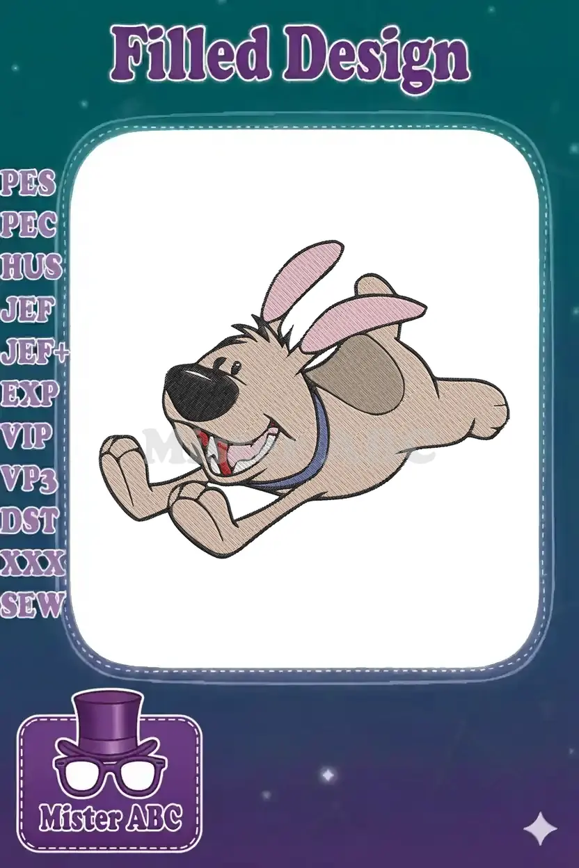 Dynamic embroidery design of a happy cartoon dog running with floppy ears and a wide smile, perfect for children's items.