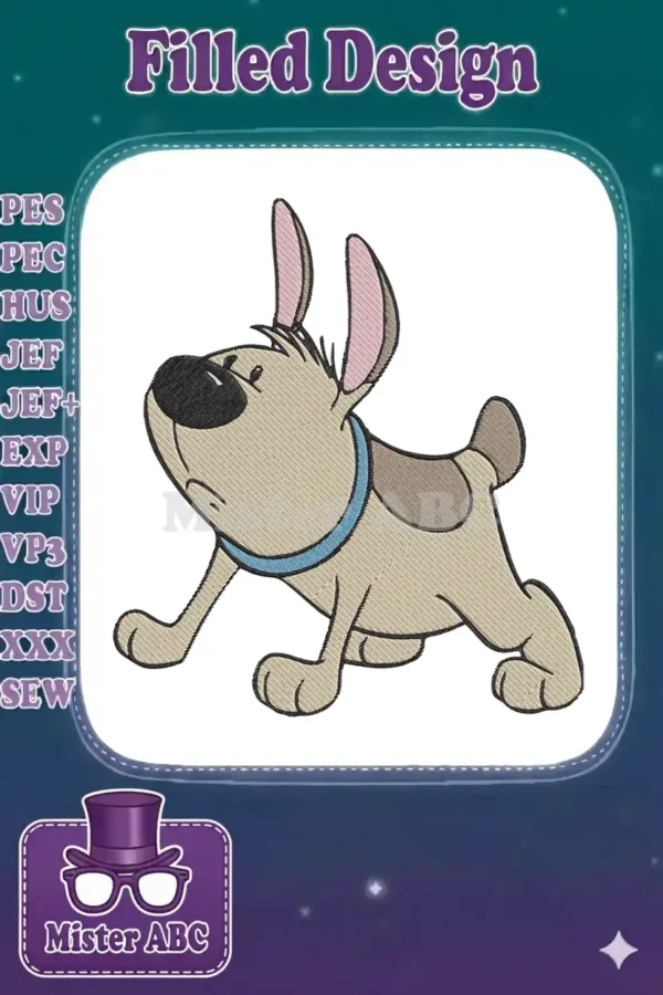 A whimsical embroidery design of a beige cartoon dog with long pink ears and a blue collar, looking up curiously.