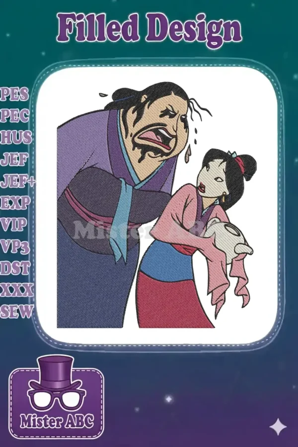 Detailed embroidery of Disney's Mulan with a distressed Matchmaker, capturing a classic comedic scene.