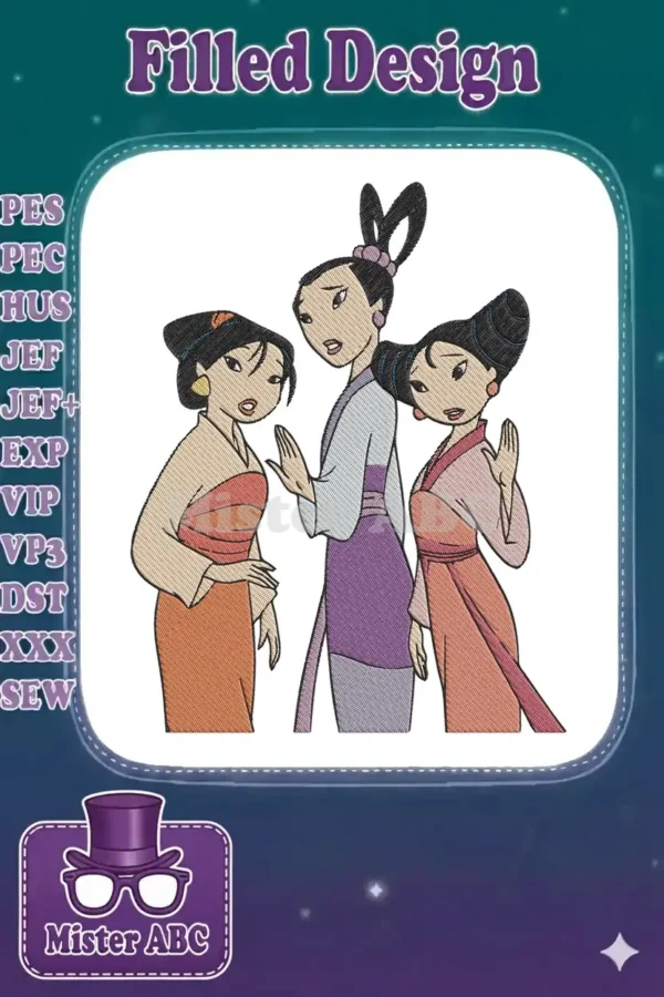 Three distinct animated female characters in traditional attire, rendered as a detailed embroidery design with vibrant colors.