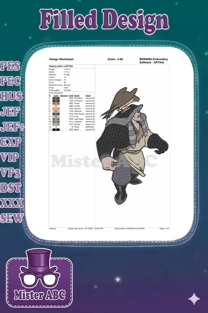 BERNINA embroidery design worksheet for Shan Yu, showing dimensions, stitch count, and color chart.