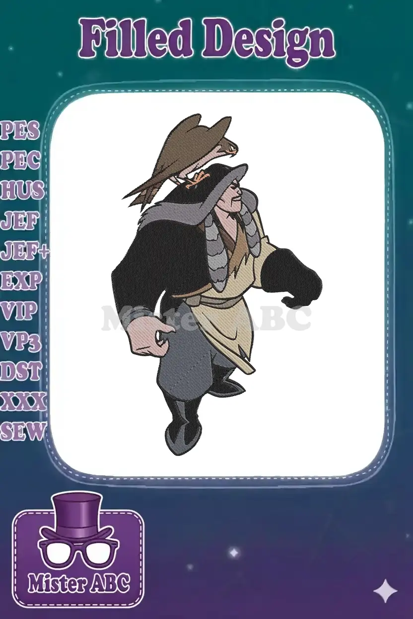 Embroidered Shan Yu from Mulan with his loyal hawk perched on his shoulder, featuring detailed stitching.