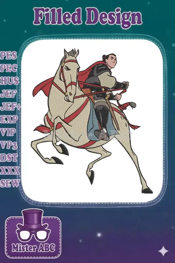 A vibrant embroidery design featuring Disney's Mulan as Ping, riding her loyal horse Khan, in a dynamic pose.