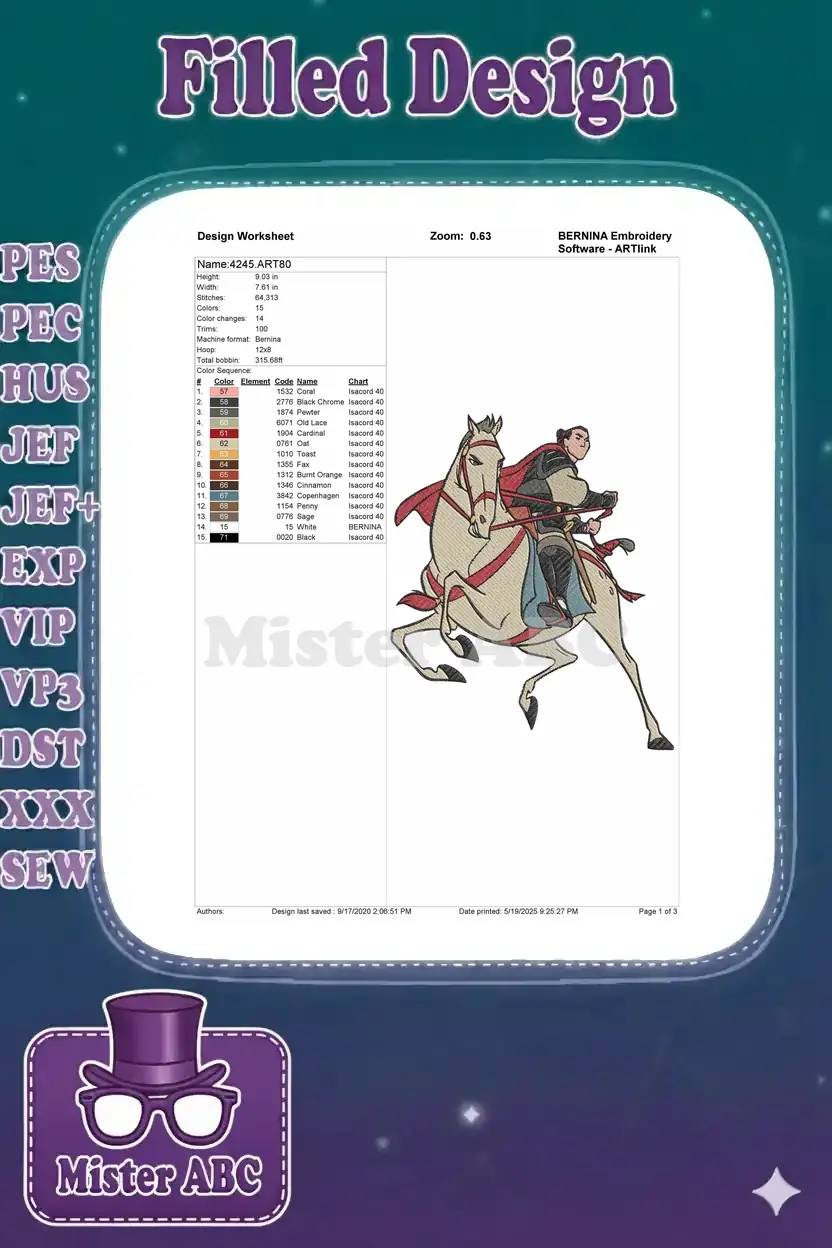 Embroidery design worksheet for Mulan as Ping and Khan, showing dimensions, stitch count, and color chart.