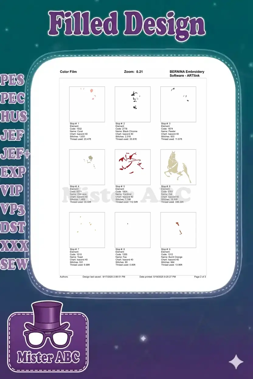 Color film breakdown, page 1, displaying the first nine individual embroidery color stops and stitch details.