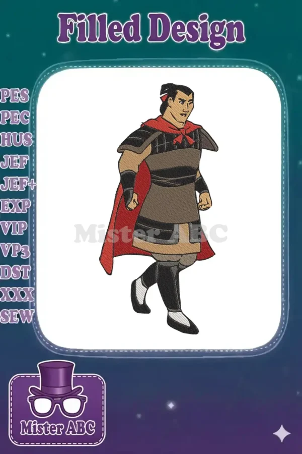 A full-body embroidery design of Captain Li Shang from Disney's Mulan, striking a heroic pose in warrior armor and a flowing red cape. Perfect for fans.
