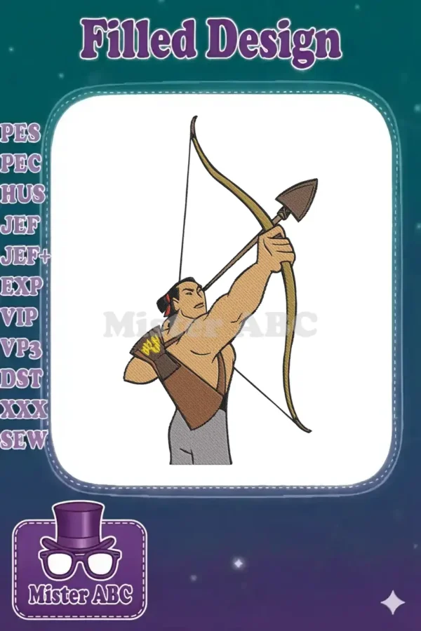 Li Shang, the heroic captain from Mulan, poised with a bow and arrow, ready for action. Detailed embroidery.