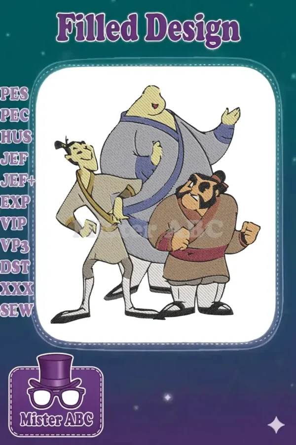 Dynamic Mulan trio embroidery featuring Yao, Ling, and Chien Po, captured in a vibrant, detailed stitch design.