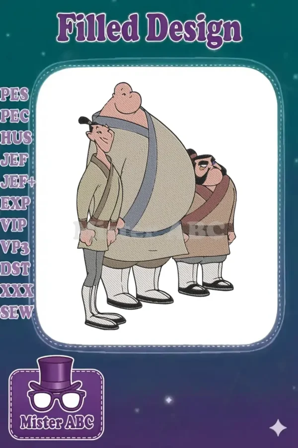 Full-body embroidery of Mulan's iconic trio: Ling, Yao, and Chien Po, standing confidently, showcasing their distinct features.