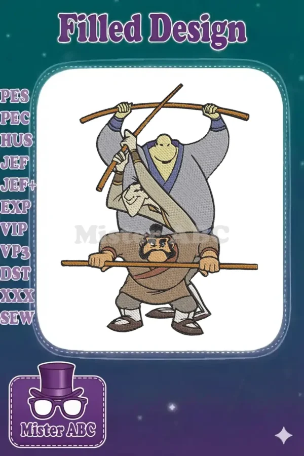 Dynamic embroidery of two cartoon characters, one large and one smaller, practicing martial arts with sticks.