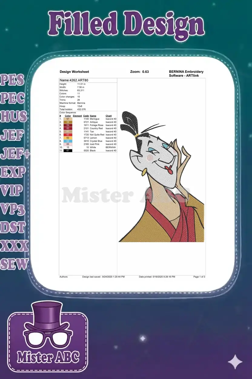 Embroidery design worksheet for Shan Yu, detailing dimensions, 11 colors, stitch count, and thread chart.