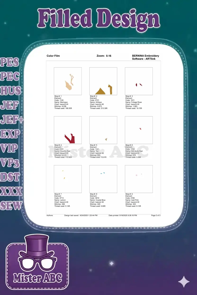 Color film page 2, illustrating the first 9 color stop sequences and thread usage for the Shan Yu design.