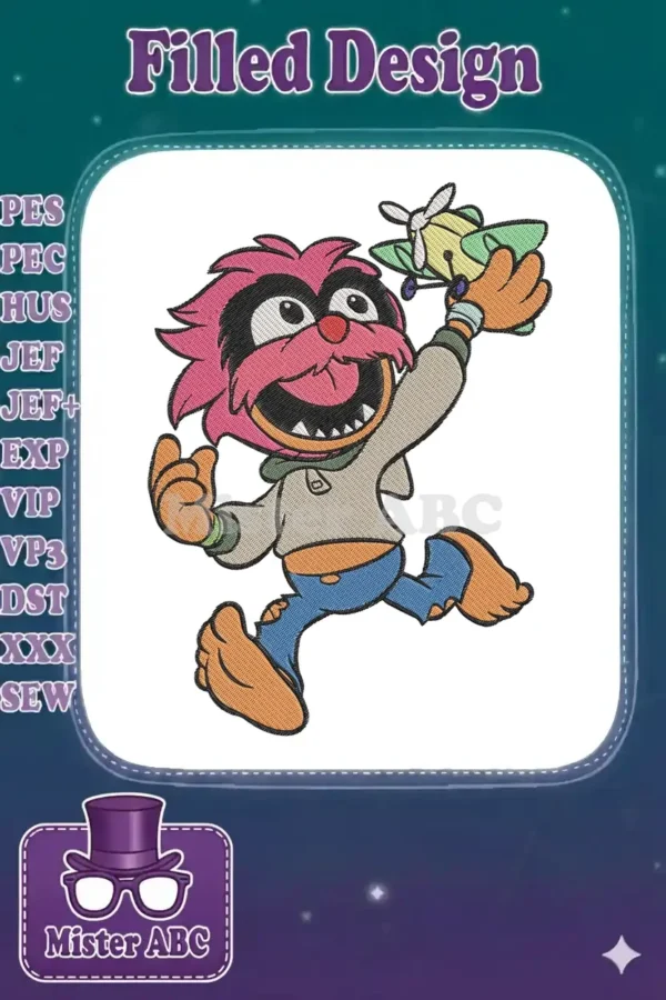 A vibrant embroidery design of Animal from The Muppets, running with a propeller plane in hand, full of playful energy.