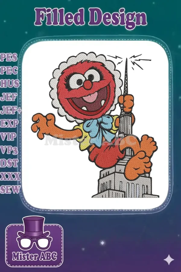Embroidered Baby Animal from Muppet Babies, red and orange, joyfully climbing the Empire State Building.