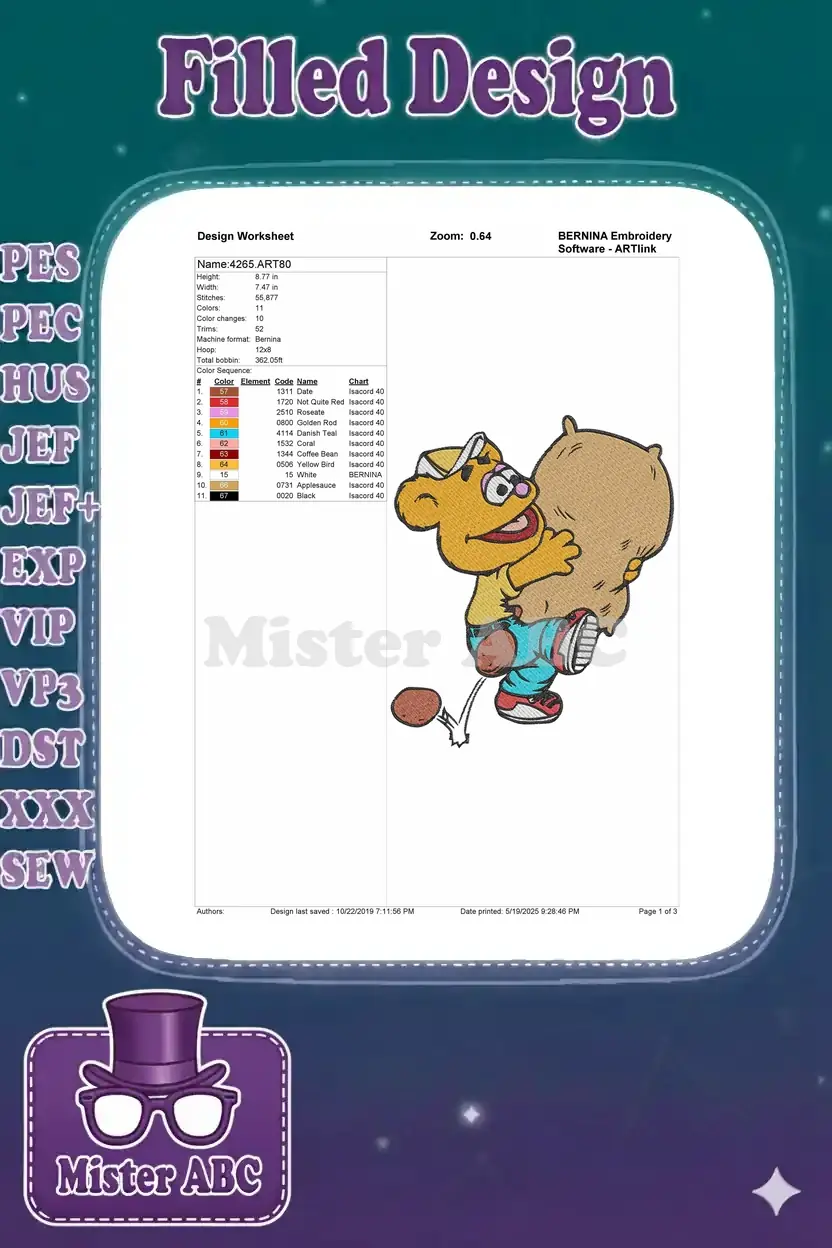 Embroidery design worksheet for Animal from The Muppets, showing dimensions, stitch count, and color chart.