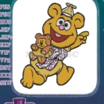 Happy yellow bear holding teddy bear party hat embroidery designs - Instant Download