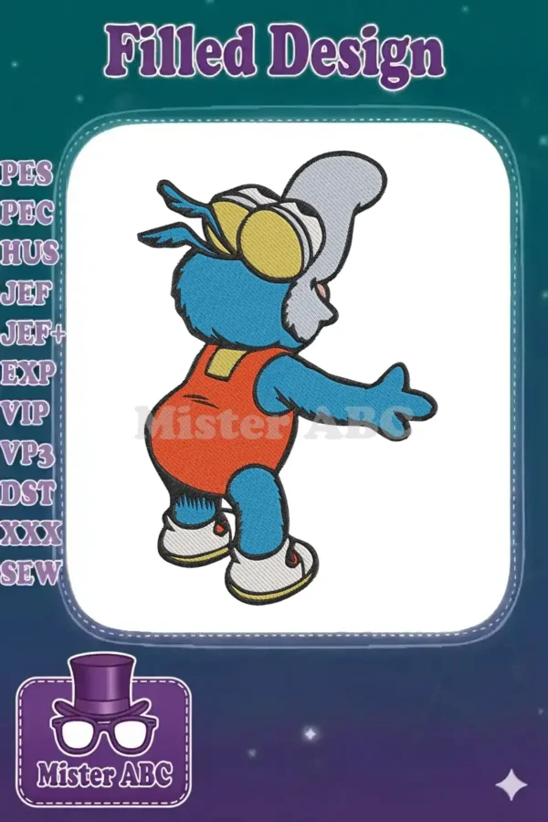 A vibrant embroidery design of Baby Gonzo from Muppet Babies, depicted in a playful, active pose, ready for adventure.