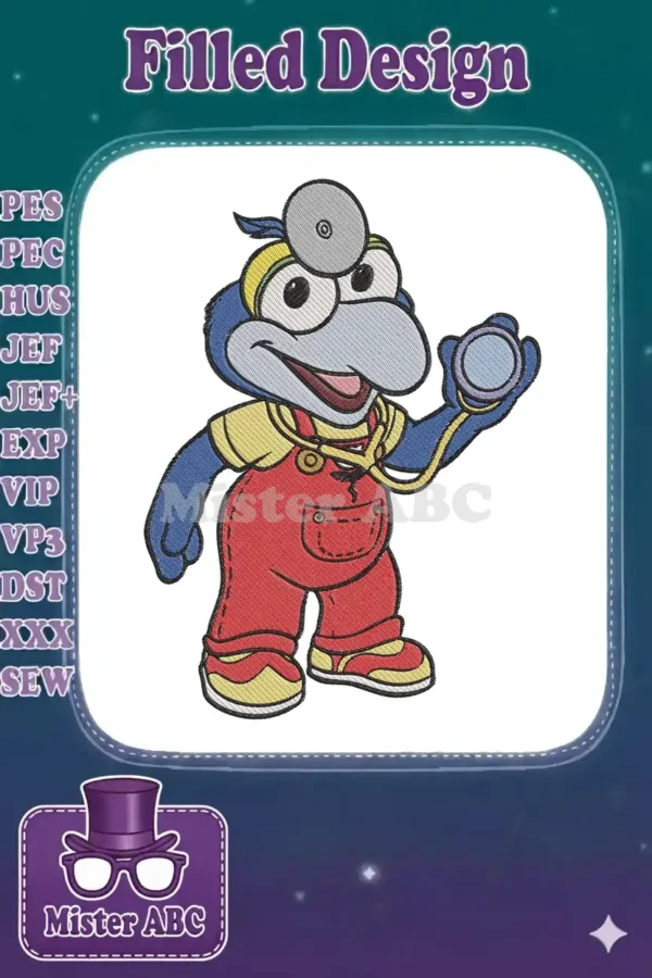 A vibrant embroidery design of Gonzo from The Muppets, dressed as a doctor with a head mirror and stethoscope.