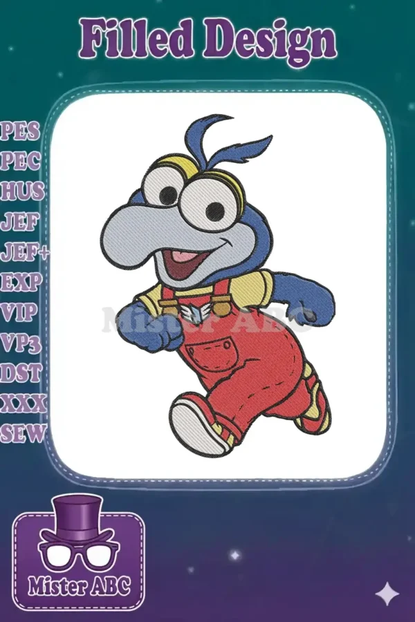 A vibrant embroidery design featuring Baby Gonzo from The Muppet Babies, running with a joyful expression.