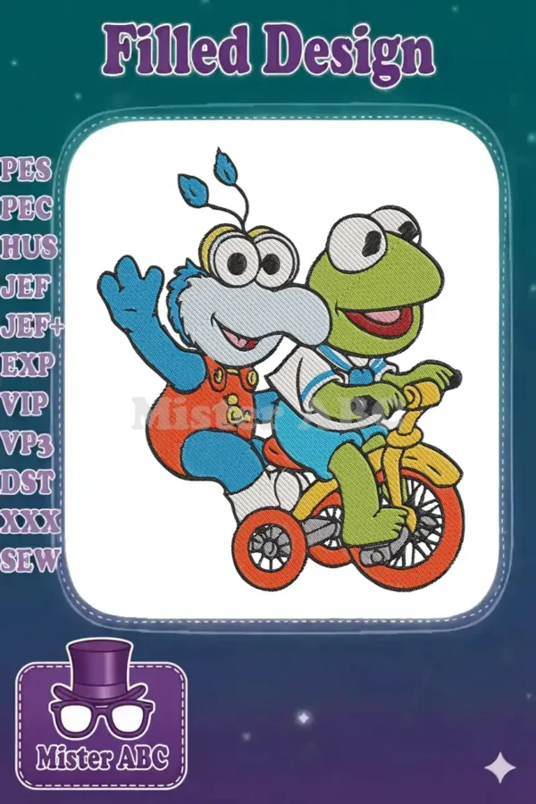 Vibrant embroidery design featuring Kermit the Frog in a sailor suit riding a tricycle with Gonzo the Great.