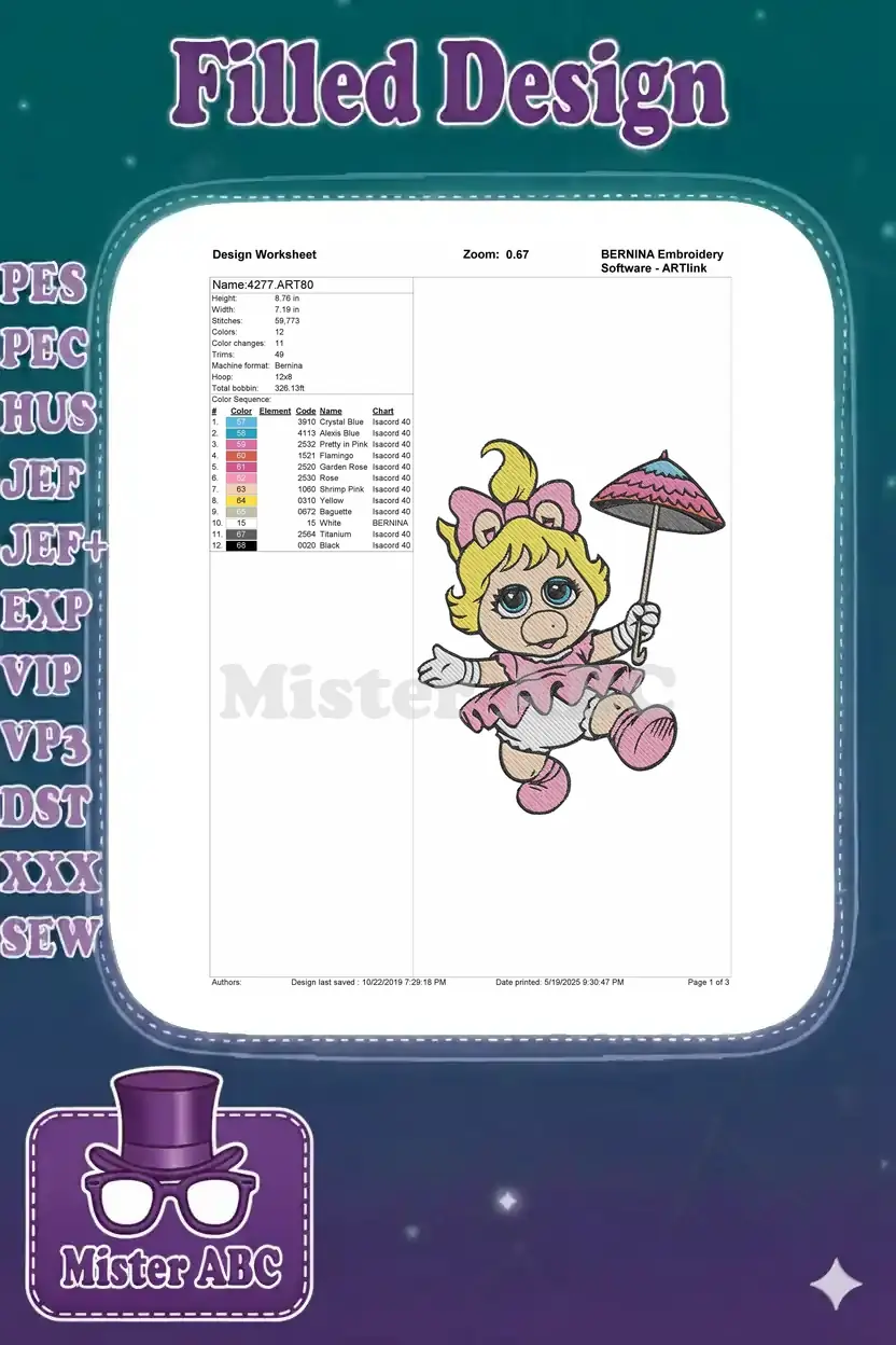 Embroidery design worksheet for Baby Miss Piggy, showing dimensions, stitch count, color chart, and format.