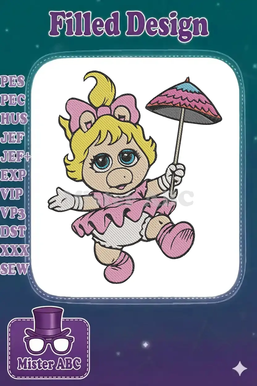 A charming Baby Miss Piggy embroidery design, featuring her in a pink dress, holding a colorful umbrella.