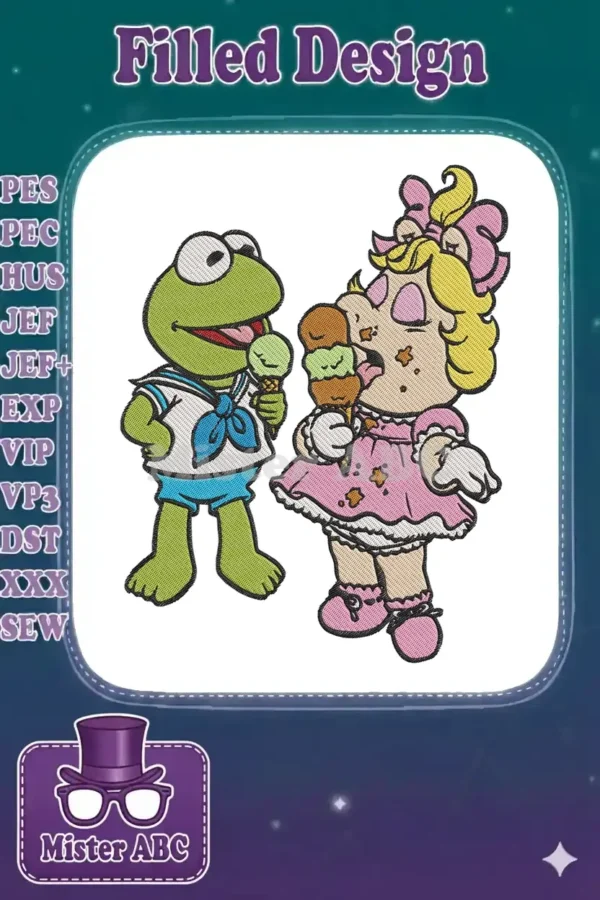 Embroidery design of Kermit the Frog in a sailor outfit and Miss Piggy in a pink dress, both eating ice cream.