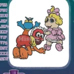 Playful red monster puppet and blonde baby doll embroidery designs - Instant Download