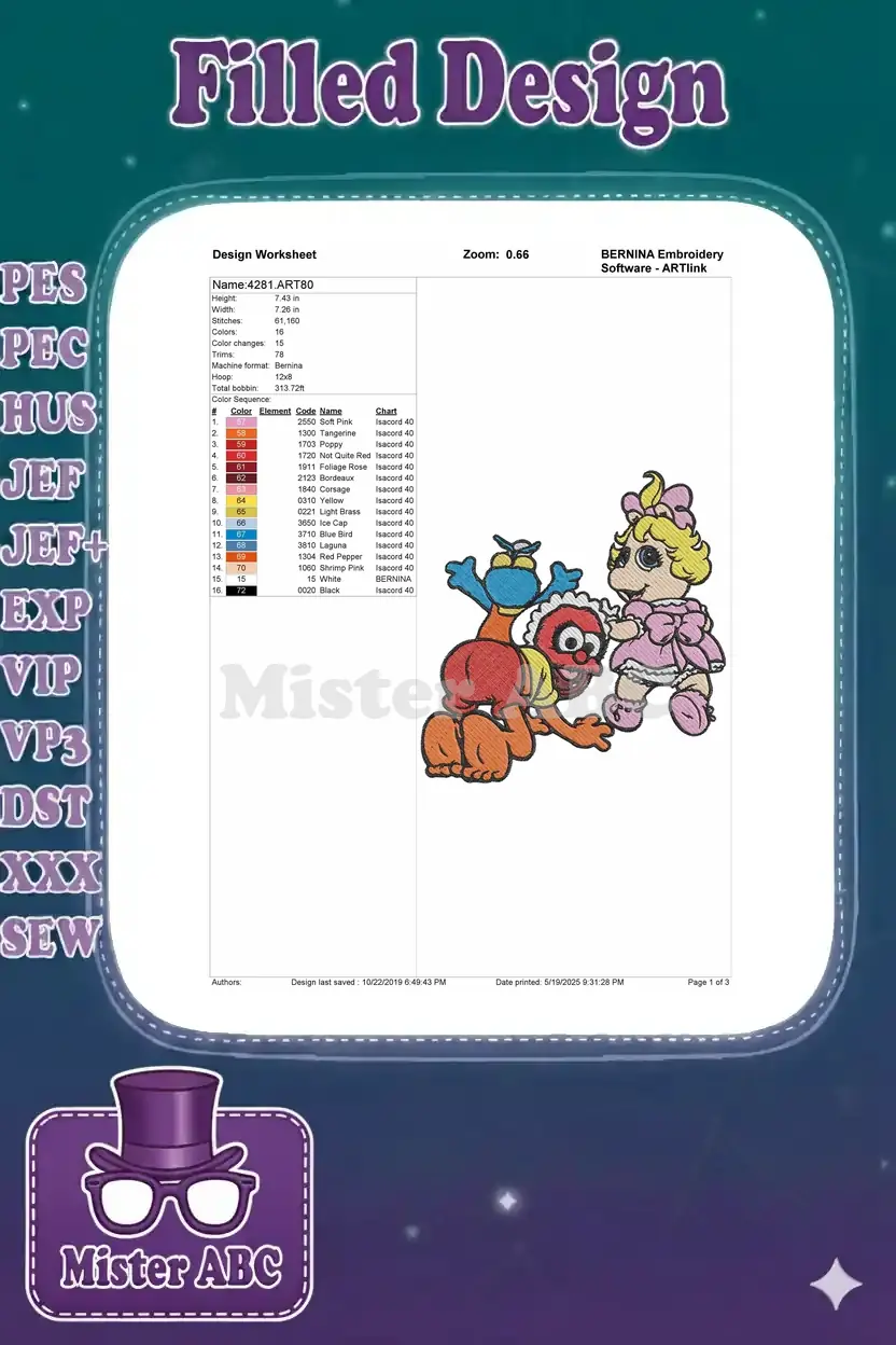 Embroidery design worksheet showing Elmo and Baby Miss Piggy, with size, stitch count, and color chart details.