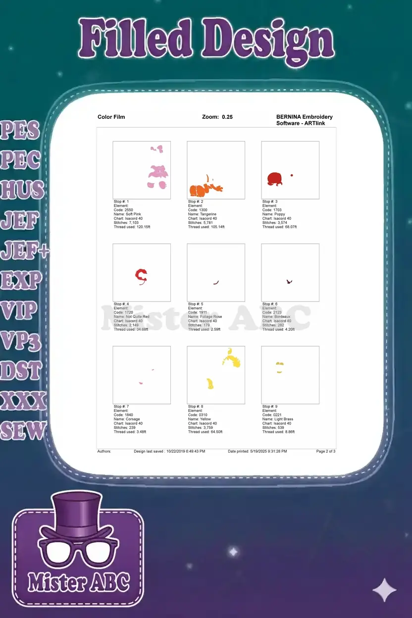 Color film page 2 illustrating the first 9 color stops and stitch sequences for the Elmo and Baby Miss Piggy design.