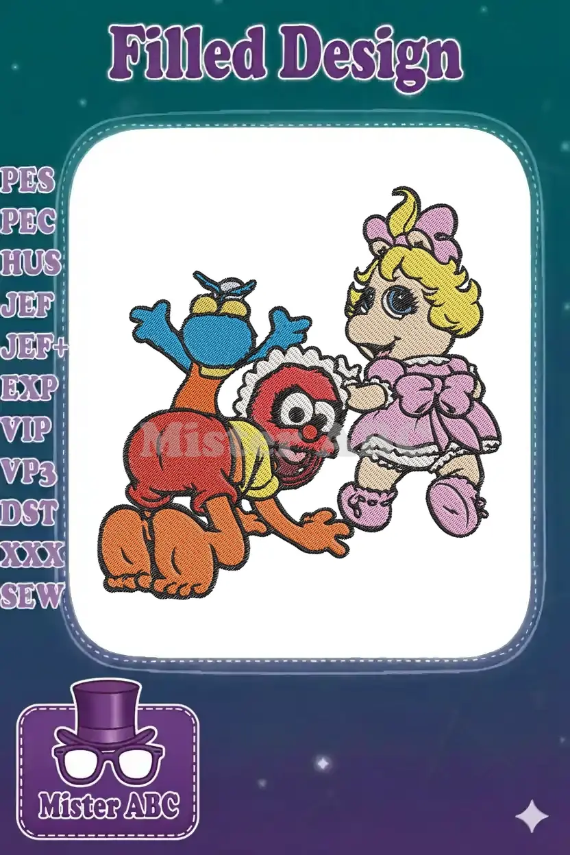 Vibrant embroidery design featuring Elmo in a blue hat and red outfit playing with an adorable Baby Miss Piggy in pink.